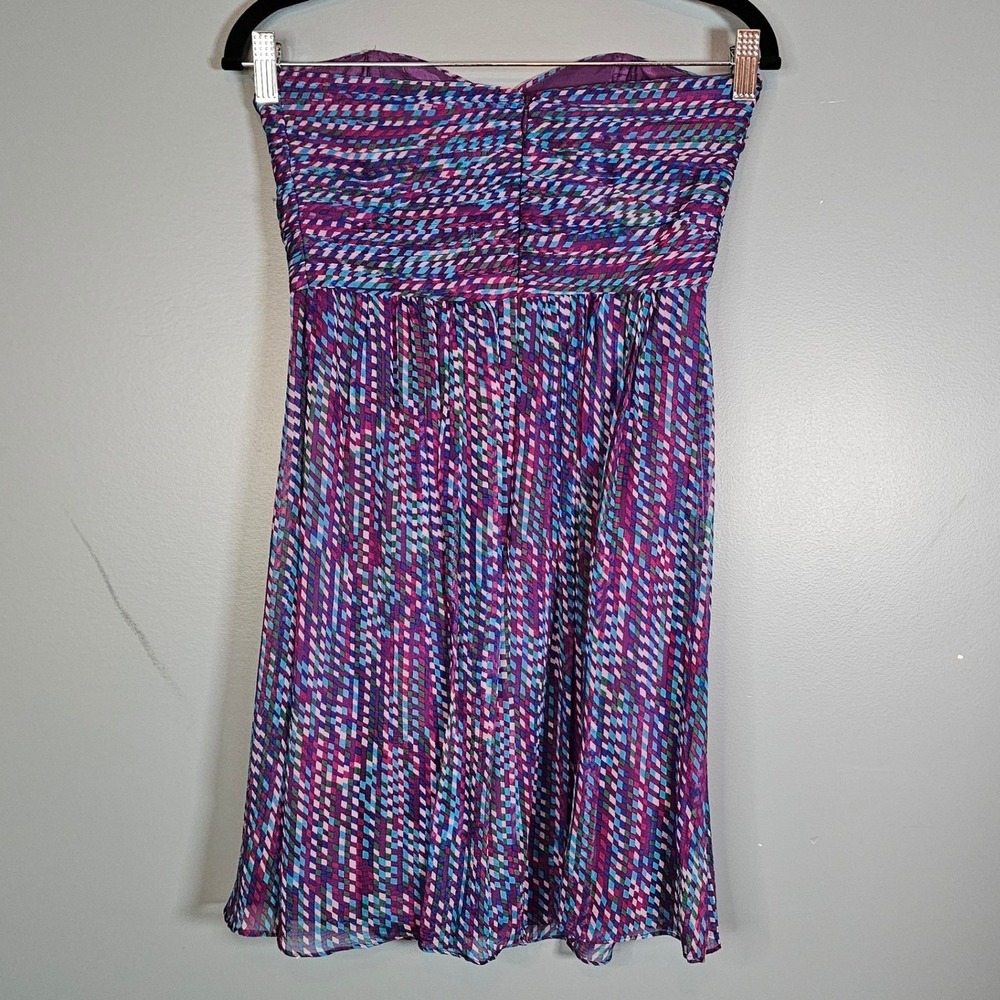236. Shoshanna Shirred Pixie Stix Strapless Silk Dress Purple Blue Geometric 0 - Picture 3 of 7
